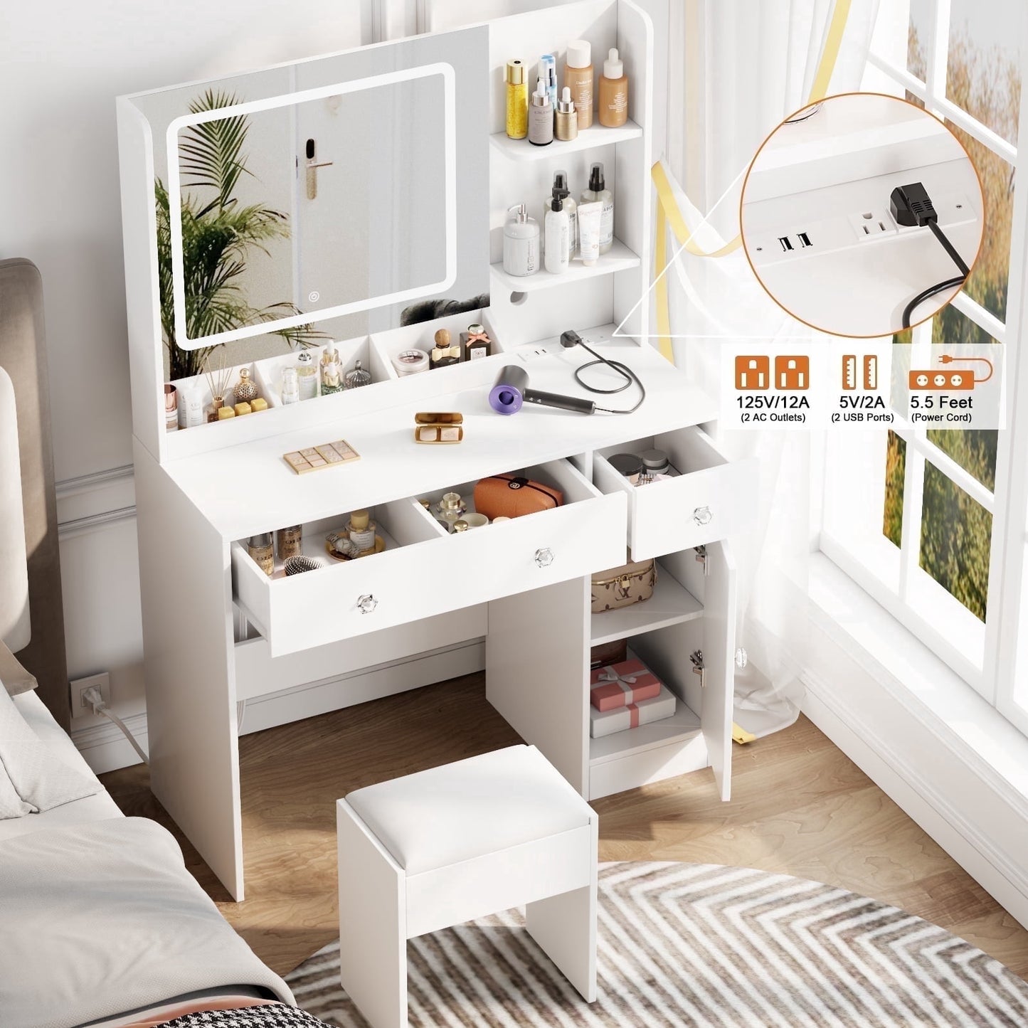 Satifur White Vanity Desk Set with Mirror and Lights, Makeup Table with Charging Station, Comfortable Bench, Big Vanity with 3 Storage Compartments, 39.4in