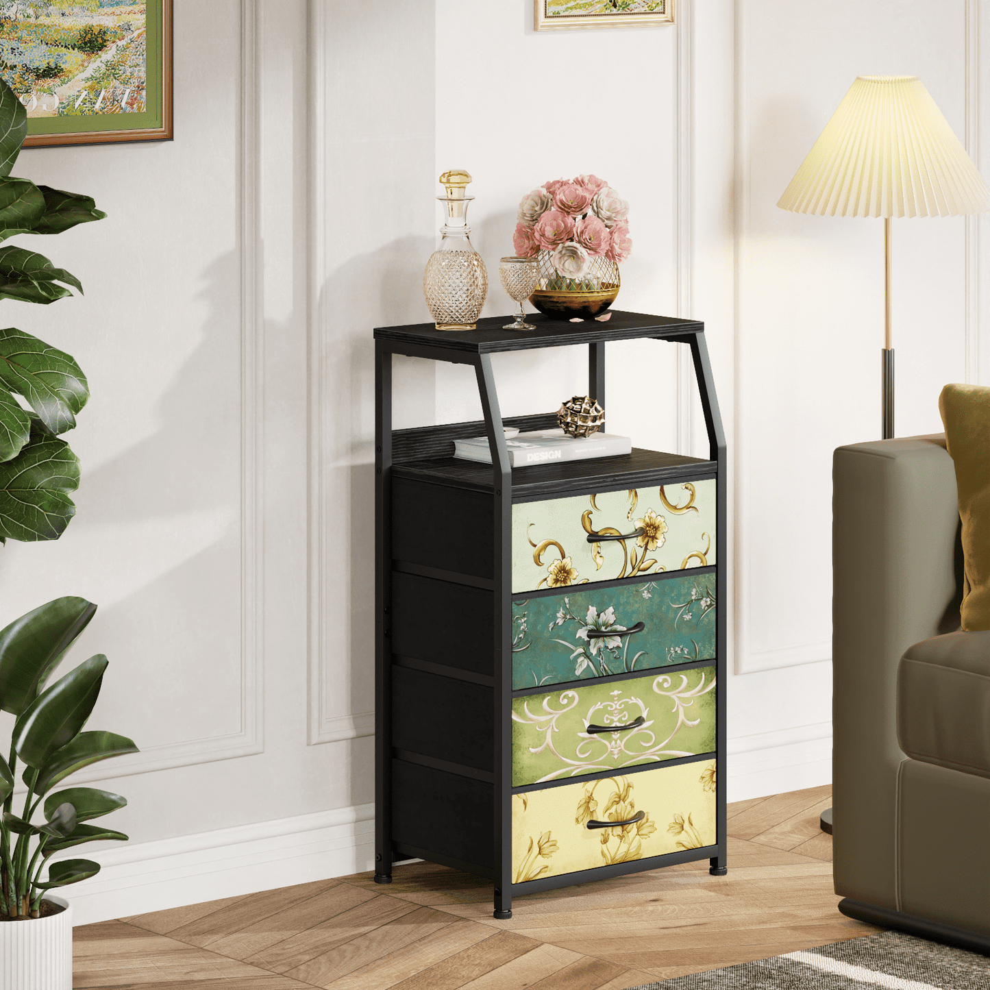 Satifur 4-Drawer Nightstand,Bedside Fabric Dresser Storage Chest of Drawers,Retro Flower
