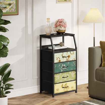 Satifur 4-Drawer Nightstand,Bedside Fabric Dresser Storage Chest of Drawers,Retro Flower