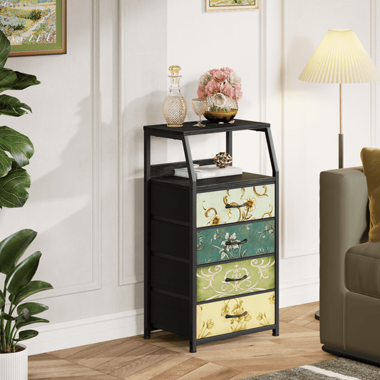 Satifur 4-Drawer Nightstand,Bedside Fabric Dresser Storage Chest of Drawers,Retro Flower