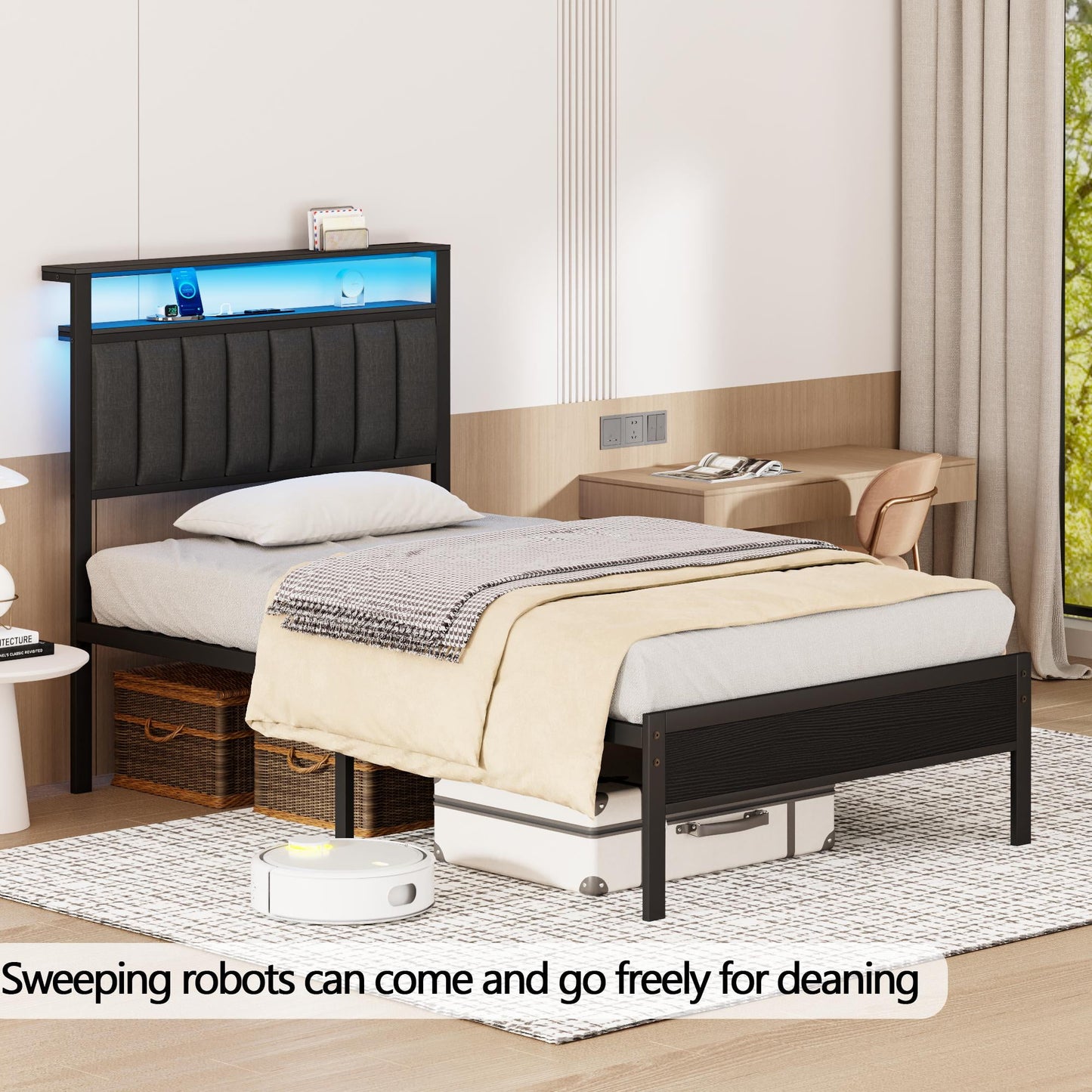 Tydimor Twin RGB LED Strip Platforrm Bed Frames with Headboard Metal, Storage Shelves & Underbed, Niose Free, No Box Spring Needed