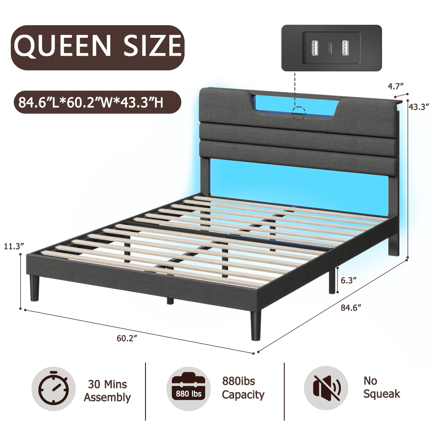 Tydimor Dark Gray Bed Frame with Charge Station, Queen Size Bed Frame with LED Lights & Upholstered Headboard, No Box Spring Needed, Linen Fabric