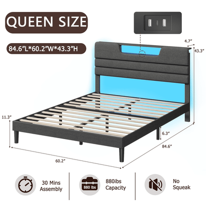 Tydimor Dark Gray Bed Frame with Charge Station, Queen Size Bed Frame with LED Lights & Upholstered Headboard, No Box Spring Needed, Linen Fabric