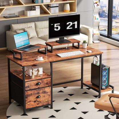 Satifur Office Desk with Drawers & Charging Station, Gaming Desk with Movable Monitor Stands, Corner Desk with Storage Shelves & File Cabinet, Rustic Brown