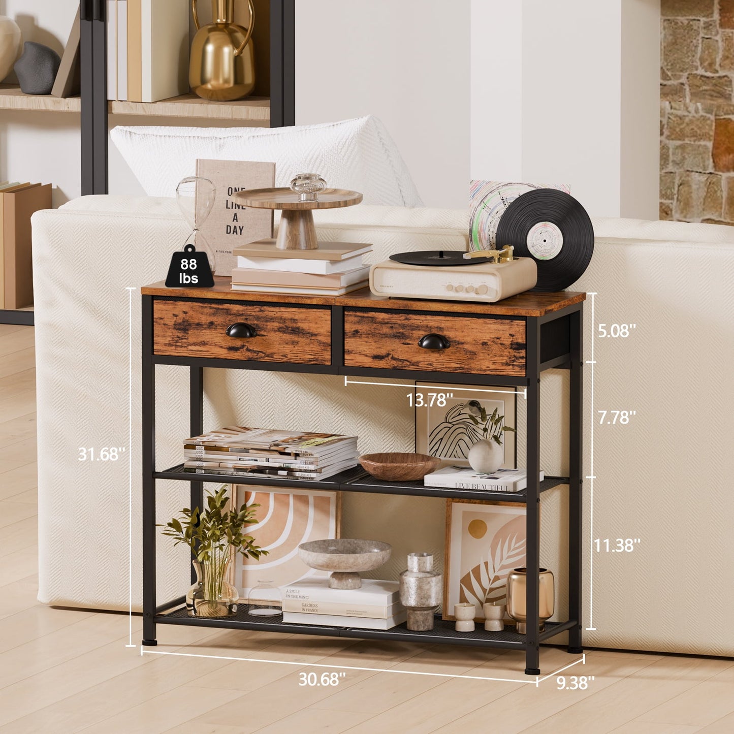 Satifur 30 inch Extra Long Entryway Table with Upgraded Fabric Drawers Console Table Metal Frame with Shelves for Living Room, Hallway