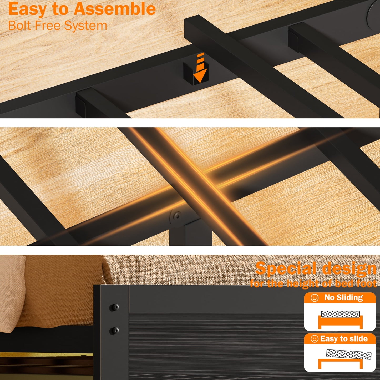 Satifur Queen Size Bed Frame with Upholstered Storage Headboard and LED Light, Platform Bed with Metal Slats, Noise Free Design