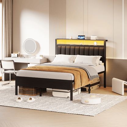 Tydimor King Size Metal Smart Bed Frames with Upholstered Headboard, LED Lights, USB Ports and Outlets, Storage Shelves & Underbed