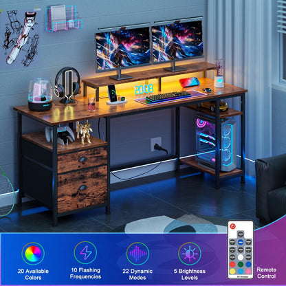 Hexmn Ergonomic Computer Desk with Built-In Outlets & Customizable RGB LED Lighting,Rustic Brown