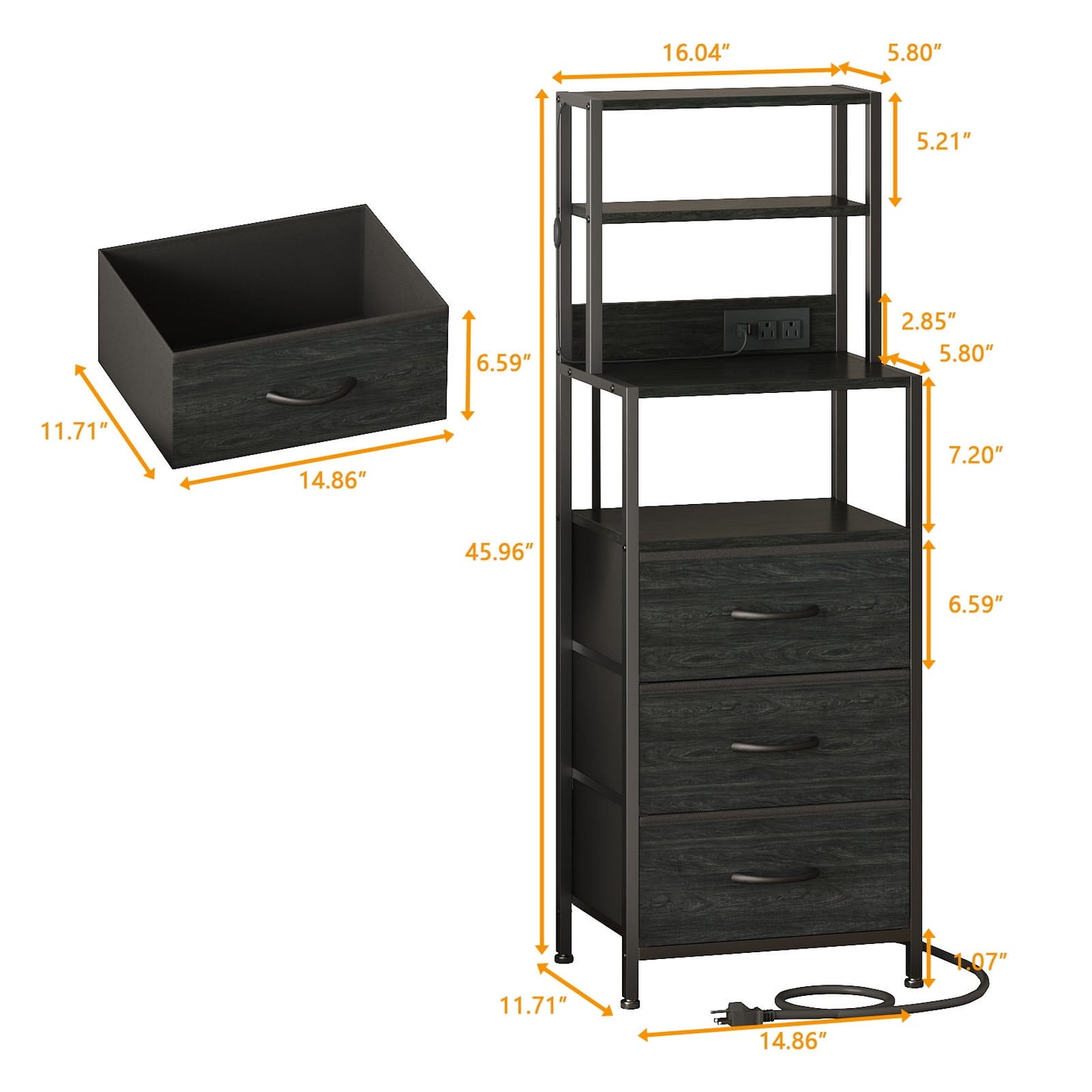 Satifur Tall Nightstand with Charging Station and LED Lights, Bedside Table with Bookshelf,3 Fabric Drawers, Black Oak