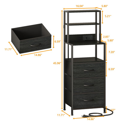 Satifur Tall Nightstand with Charging Station and LED Lights, Bedside Table with Bookshelf,3 Fabric Drawers, Black Oak