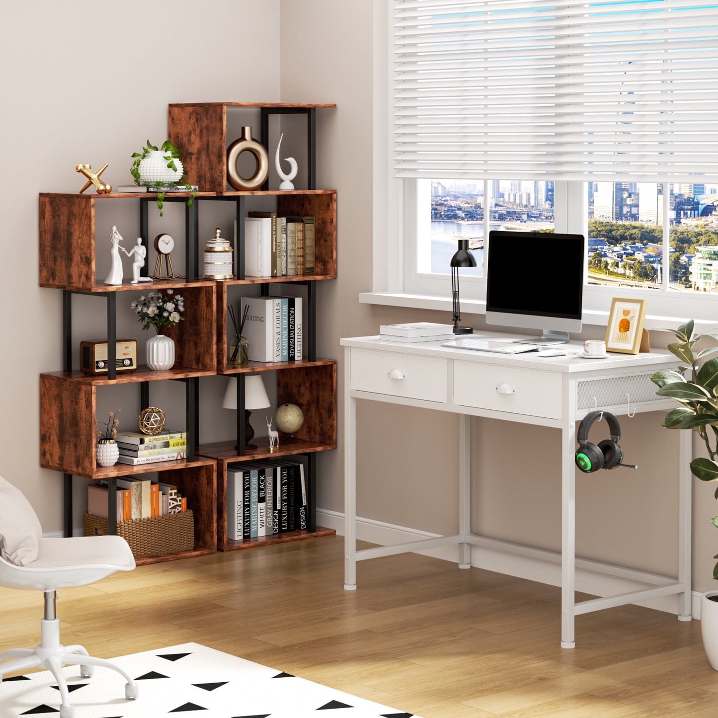 Hexmn White Computer Desk with 2 Fabric Drawers for Office Home