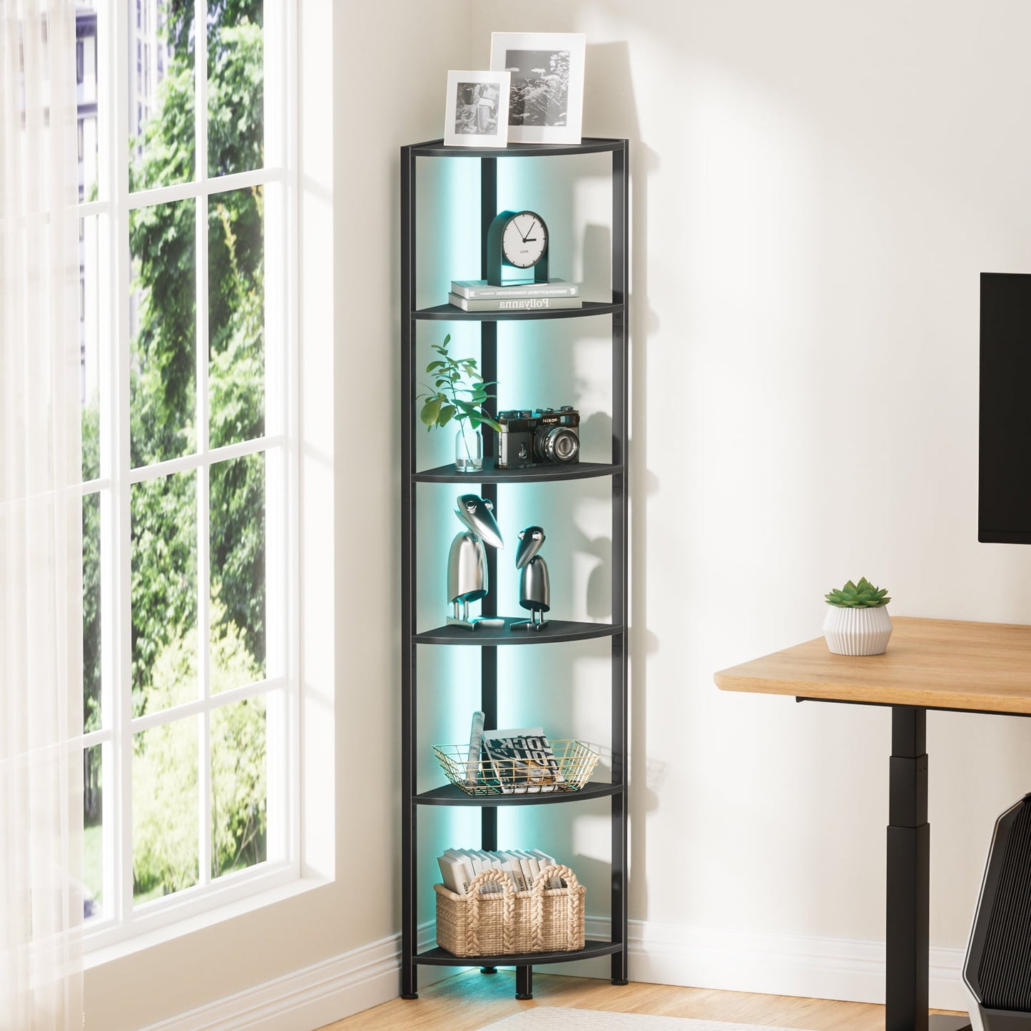 Satifur Corner Shelf Bookcase with LED Light Strip, 6-Tier Corner Bookshelf for Living Room, Bedroom