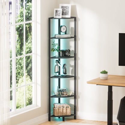 Satifur Corner Shelf Bookcase with LED Light Strip, 6-Tier Corner Bookshelf for Living Room, Bedroom