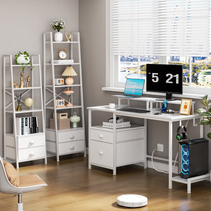 Hexmn Corner Desk with Outlets & Adjustable Shelves for Office Writing,White