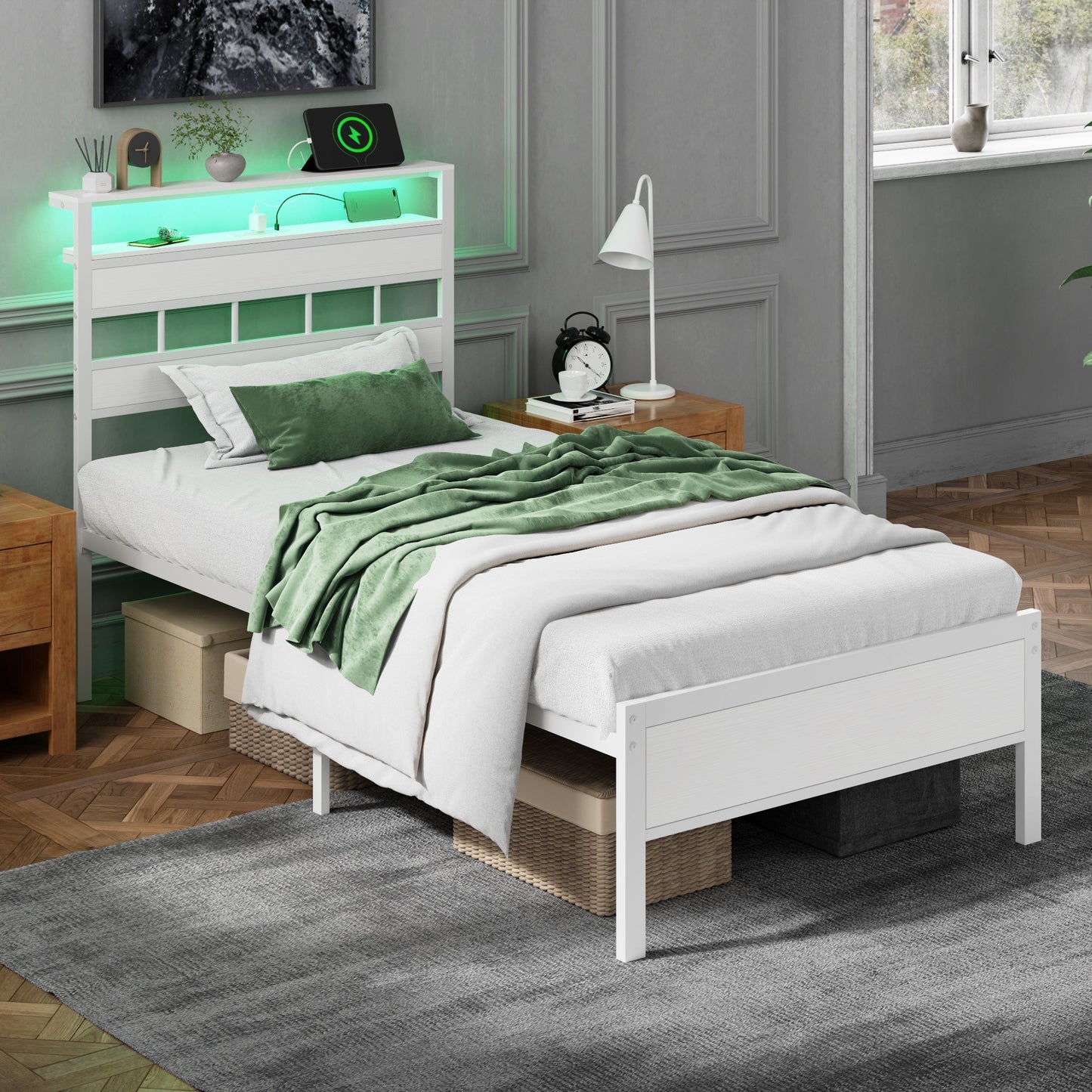 Tydimor Twin Bed Frames with Wood Headboard & 2-Tier Storage Shelves, Twin Size Platform Bed with Charging Station and LED Lights, No Box Spring Needed, White