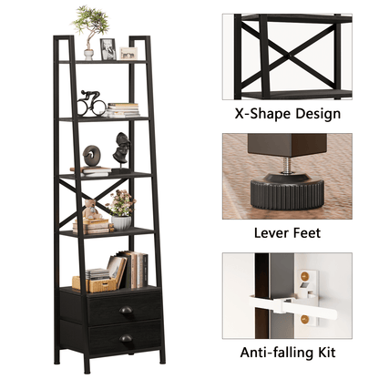 Tydimor 5-Tier 64"H Industrial Bookshelf with 2 Removable Drawers Narrow Bookcase for Living Room,Black Oak