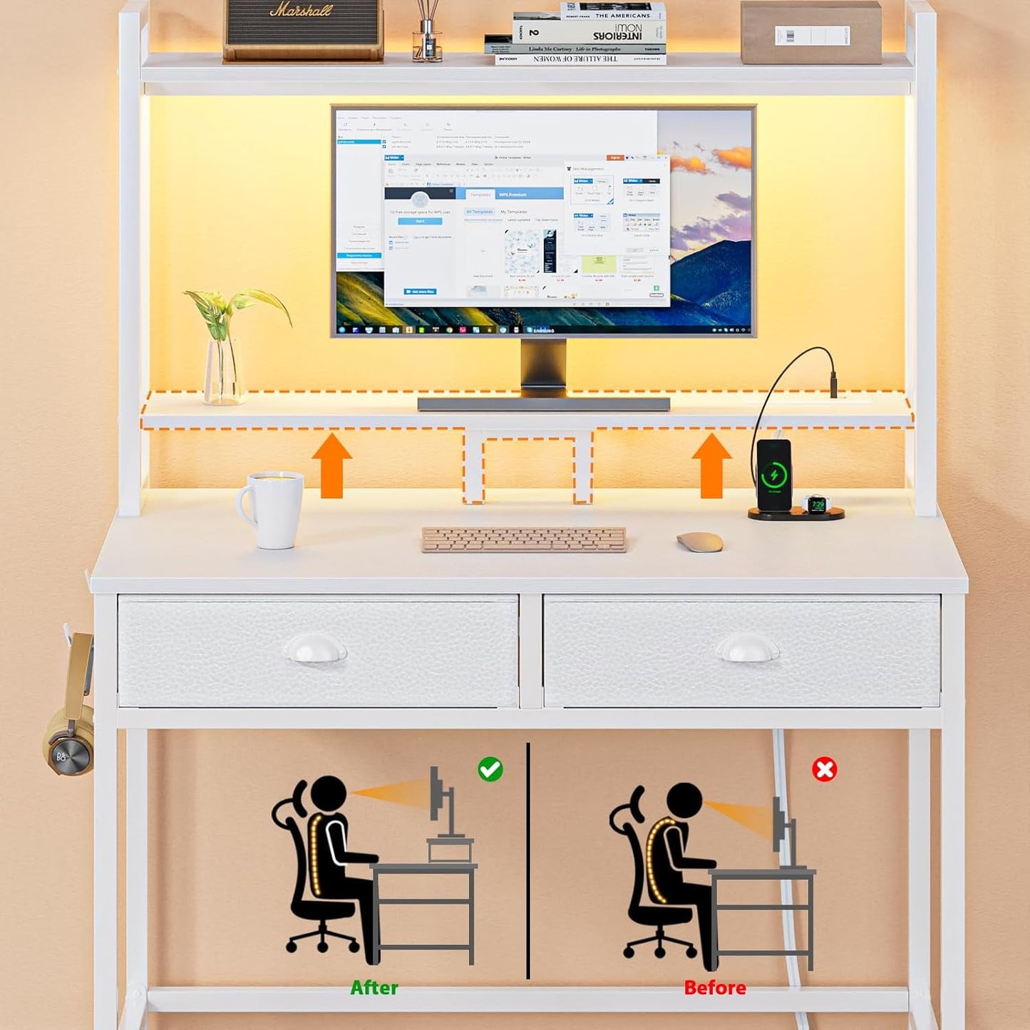 Satifur Small Computer Desk with Power Outlet & 2 Fabric Drawers, Gaming Desk with LED Light and Monitor Stand, Home Office Desk with Shelf and Hutch for Small Space, White-1