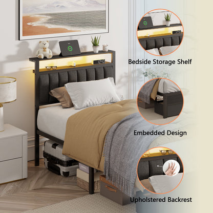 Hexmn Twin Bed Frame with Upholstered Storage Headboard & 2 Drawers, Platform Metal Bed with 2 USB Ports and Outlets, Under-bed Storage and Noise Free Design