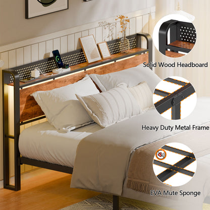Satifur LED Bed Frame King Size with 2 USB Ports and Outlets, Platform Metal Bed Frame, No Box Spring Needed, Noise-Free