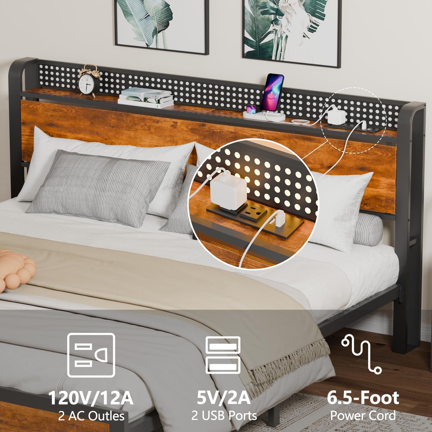 Tydimor Queen RGB LED Strip Platforrm Bed Frames with Headboard Metal, Storage Shelves & Underbed, Niose Free, No Box Spring Needed