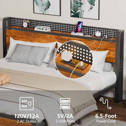Tydimor Queen RGB LED Strip Platforrm Bed Frames with Headboard Metal, Storage Shelves & Underbed, Niose Free, No Box Spring Needed