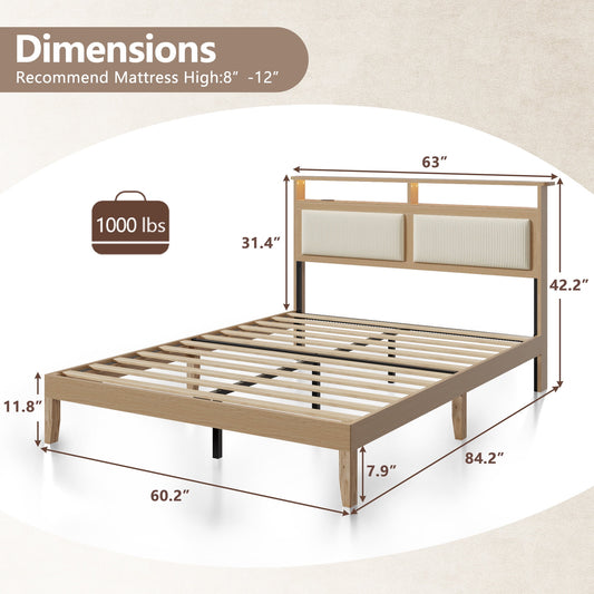 Tydimor Corduroy Upholstered Queen Size Bed Frame with Storage Headboard & LED Lights, Solid Wooden Slats Support, Type C & USB port, Easy Assembly, Natural