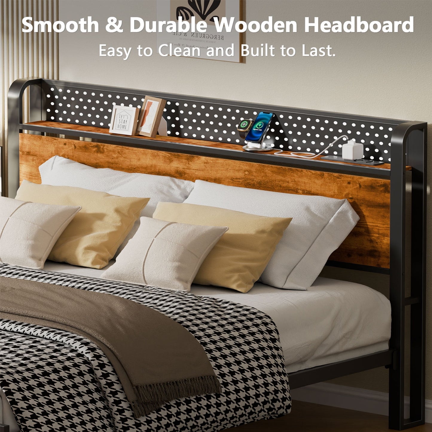 Satifur LED Bed Frame King Size with 2 USB Ports and Outlets, Platform Metal Bed Frame, No Box Spring Needed, Noise-Free