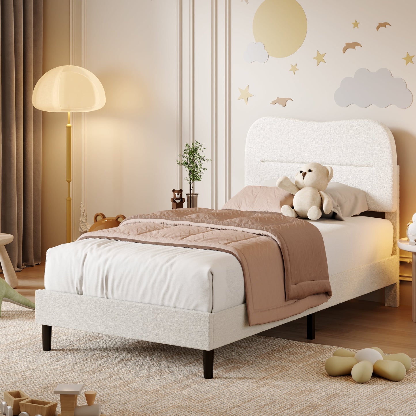 Tydimor Twin Bed Frame with Teddy Velvet Soft Curved Headboard, Platform Bed Easy Assembly, Noise-Free, White