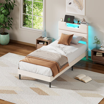 Satifur Beige Fine Linen Fabric Bed Frame with Upholstered Headboard & Charge Station, Twin Size Bed Frame with LED Lights, No Box Spring Needed