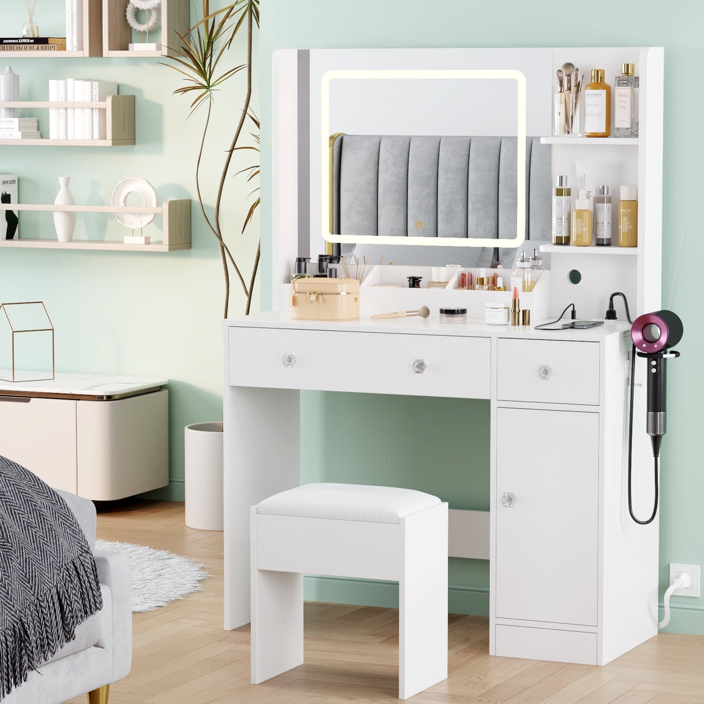 Tydimor Vanity Set with Mirror & Lights, Women Makeup Table with Charging Station, Sturdy Dressing Desk with Drawers & Stool