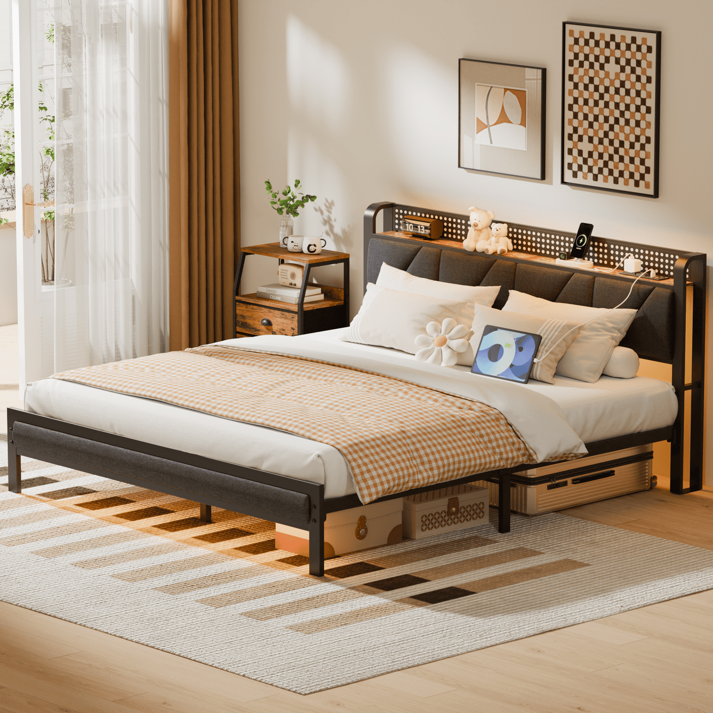 Tydimor Full Size Metal Smart Bed Frames with Upholstered Headboard, LED Lights, USB Ports and Outlets, Storage Shelves & Underbed