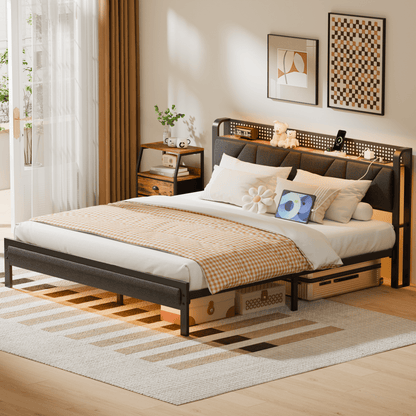 Tydimor Full Size Metal Smart Bed Frames with Upholstered Headboard, LED Lights, USB Ports and Outlets, Storage Shelves & Underbed