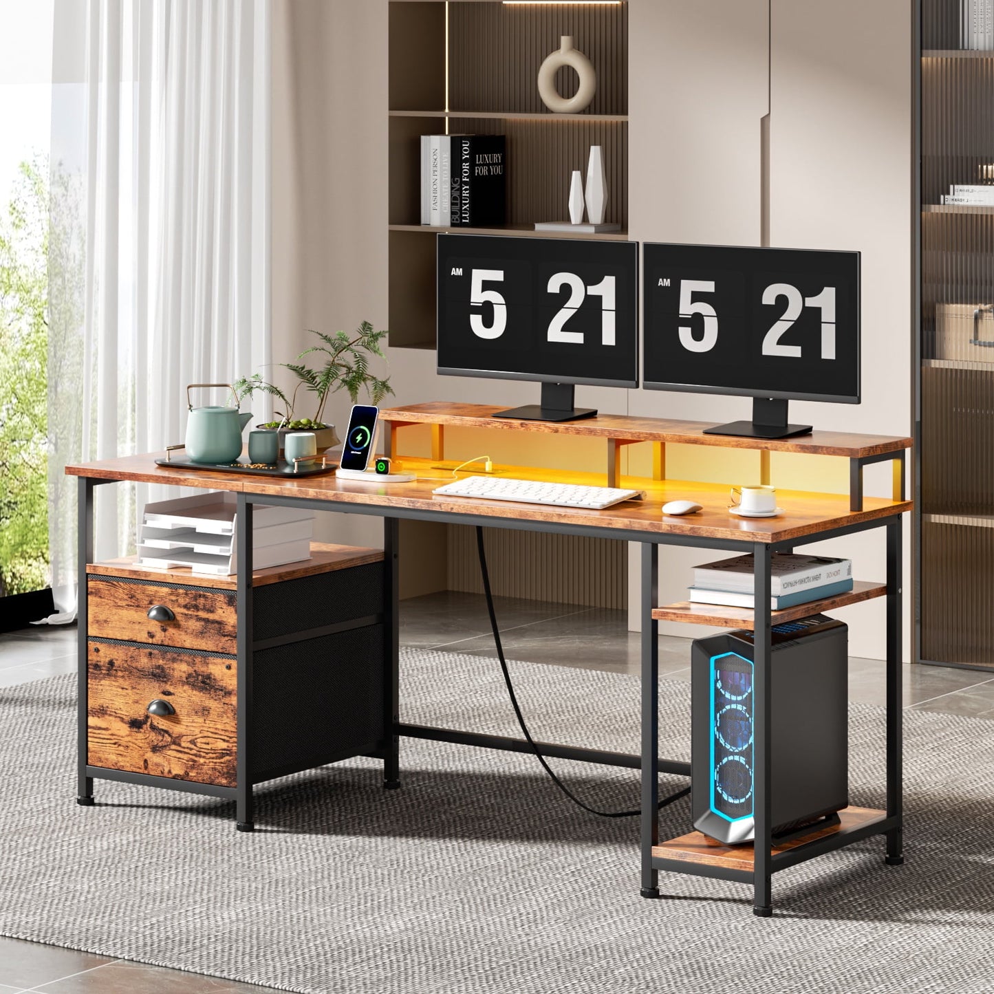 Satifur Desk with Power Outlet,Gaming Desk with LED Lights Fabric File Cabinet Gaming Desk with Outlets, Dual Monitor Stand, Adjustable Shelves, White