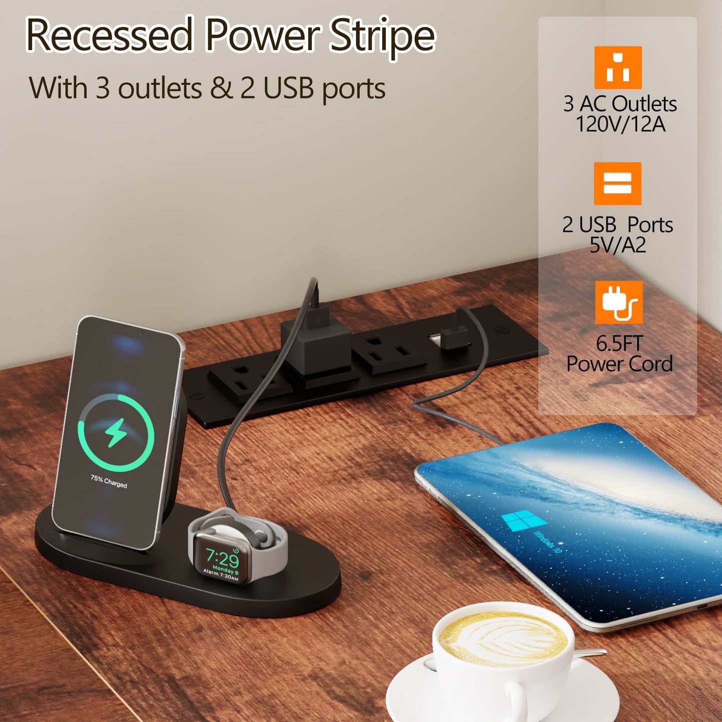 Hexmn Ergonomic Computer Desk with Built-In Outlets & Customizable RGB LED Lighting,Rustic Brown