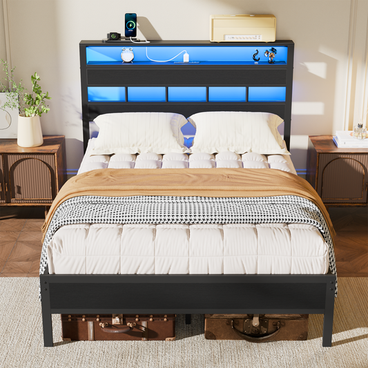 Tydimor LED Lighting Bed Frames Queen with Headboard Storage Shelves, USB Ports Queen Size Platform Bed Frame Steel Slats Support