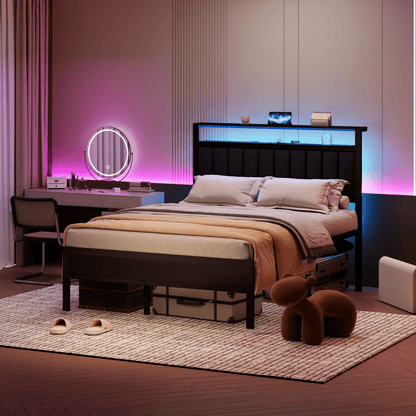 Tydimor Upholstered Underbed Storage Bed Frames with Charging Station£¬LED Queen Size Bed Frame with Storage Shelves, Niose Free