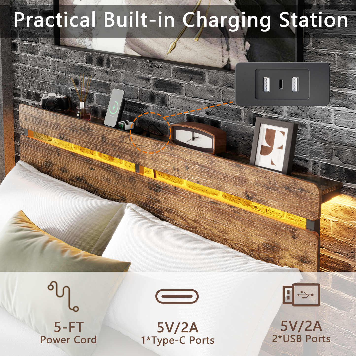 Satifur Full Size Bed Frame with 2 Drawers & LED Lights & Charging Station, Beds with Headboard & 10.10" Under Bed Storage, No Box Spring Needed, Easy Assembly, Rustic Brown