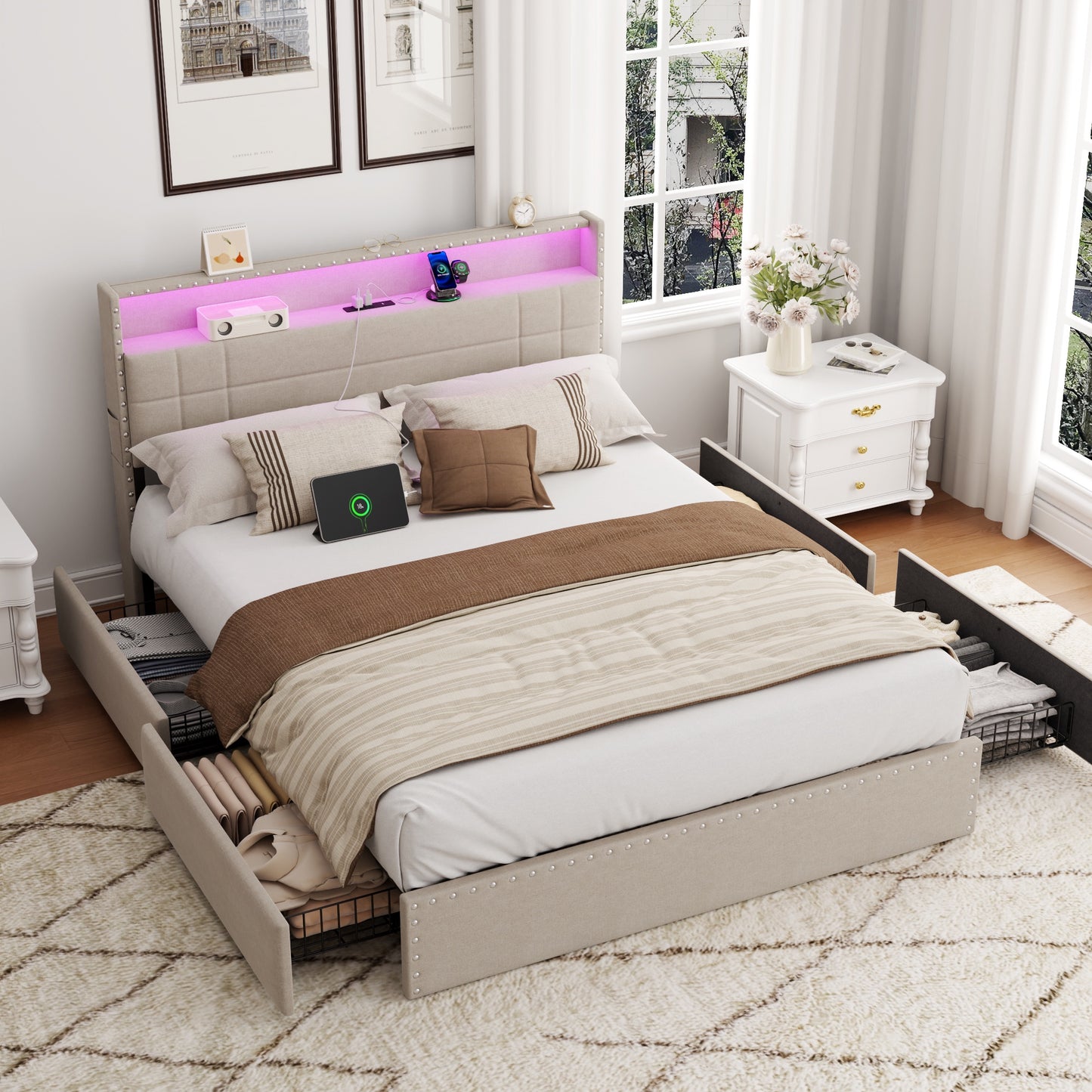 Satifur Queen Bed Frame with Charging Station, Queen Upholstered Rivet Storage Headboard Platform Beds, Noise-Free, Easy Assembly, Beige