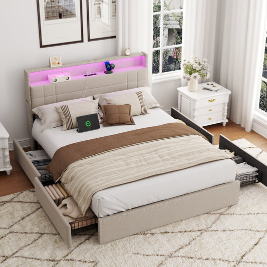 Satifur Queen Bed Frame with Charging Station, Queen Upholstered Rivet Storage Headboard Platform Beds, Noise-Free, Easy Assembly, Beige