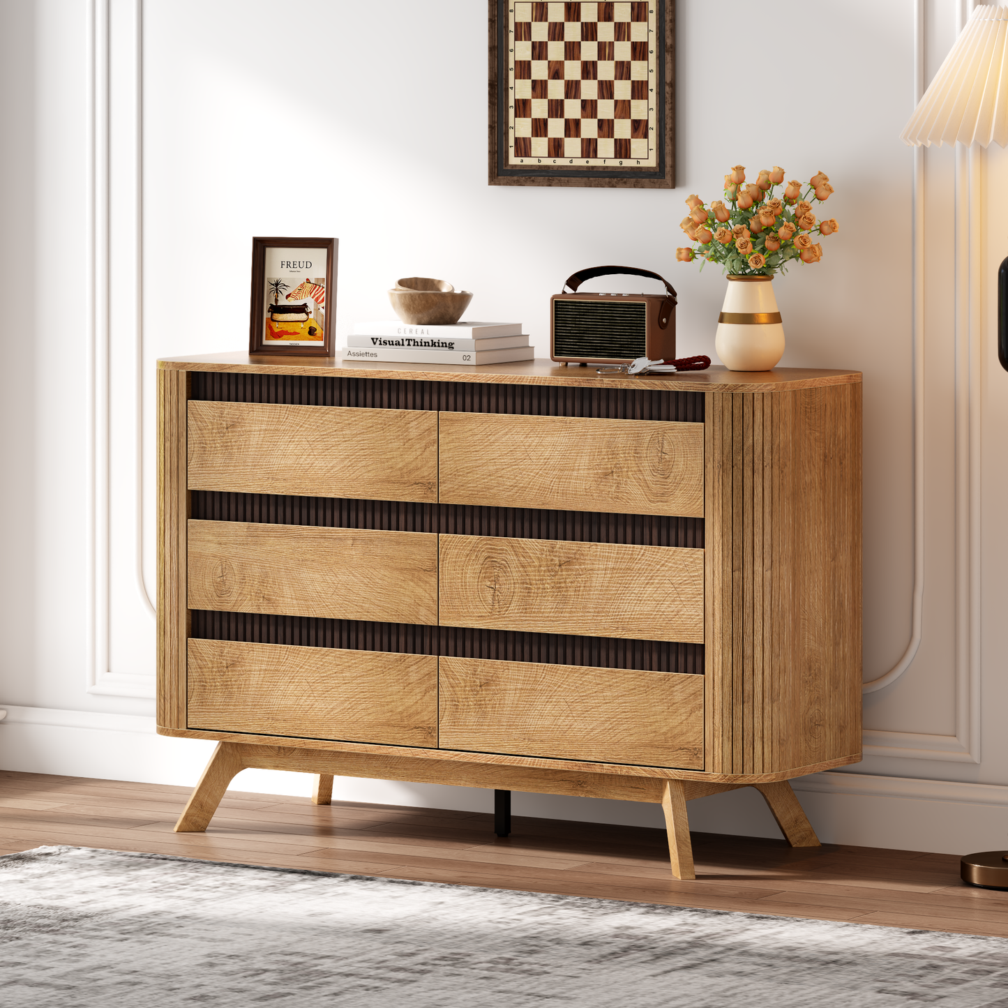 Satifur 6 Drawer Dresser, Wooden Wide Chest of Drawers for Bedroom, Living Room Storage Cabinet and TV Stand up to 45 Inch, Natural Oak