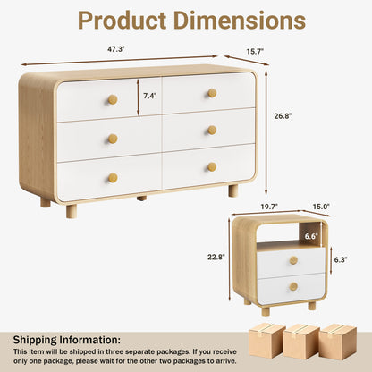 Satifur 6-Drawer Dresser and 2 Pack Nightstand Set, Wide Chest of Drawers Storage Organizer & White Bedside Tables with Open Shelf, Wood Frame Furniture Set for Bedroom, Living Room