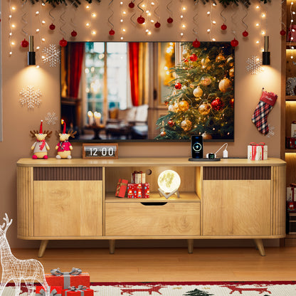 Tydimor TV Stands with Power Outlets, Entertainment Center Dresser for Living Room, Media Console Table with 2 Cabinets & 1 Drawer, Natural