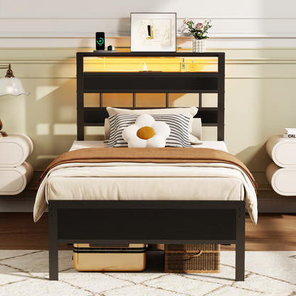 Satifur Twin Size Bed Frame with Storage Headboard and LED Light, Platform Bed with Metal Slats, Noise Free Design