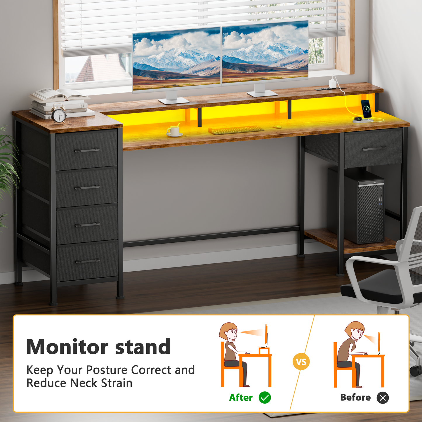 Satifur Gaming Desk with LED Lights & Power Outlets, 61" Computer Desk with 5 Fabric Drawers & Open Storage, Reversible Home Office Desk,Retro Brown