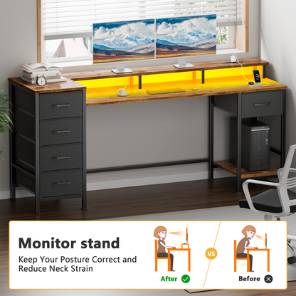 Satifur Gaming Desk with LED Lights & Power Outlets, 61" Computer Desk with 5 Fabric Drawers & Open Storage, Reversible Home Office Desk,Retro Brown