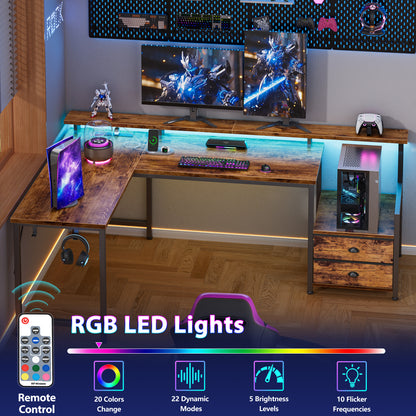 Satifur 57" L-Shaped Gaming Desk with LED Lights & Power Outlets, Computer Desk with Drawers & Printer Stand, Rustic Brown