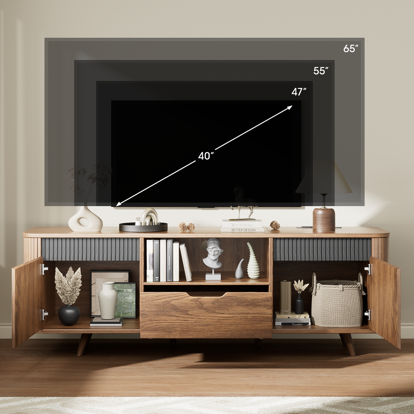 Tydimor TV Cabinet Stands for TVs up to 65", Entertainment Center with Storage Shelf & Outlet, Media Console Table with Drawers for Living Room