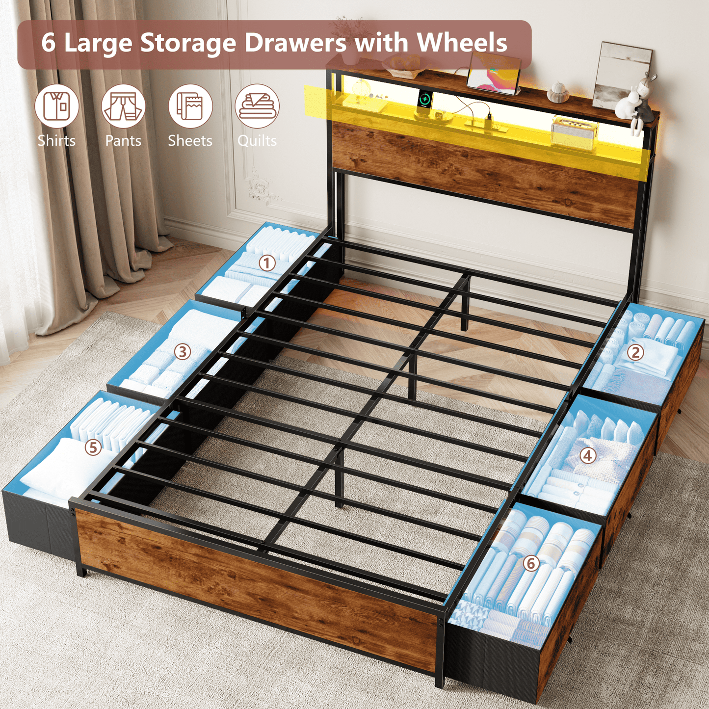 Satifur Full Bed Frame with 6 Storage Drawers, Metal Platform Bed Frame with 2-Tier Storage Headboard & LED, Built in Charging Station, Noise-Free, No Box Spring Needed, Rustic Brown