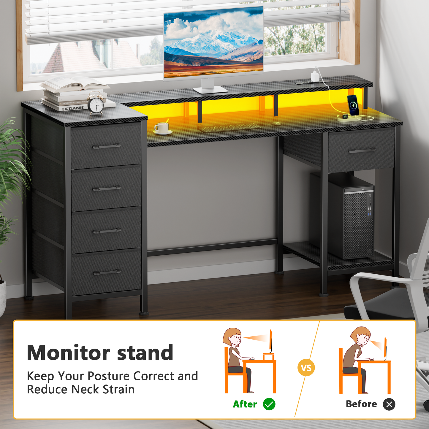 Satifur Gaming Desk with LED Lights & Power Outlets, 47" Computer Desk with 5 Fabric Drawers & Open Storage, Reversible Home Office Desk,Carbon Fiber Black