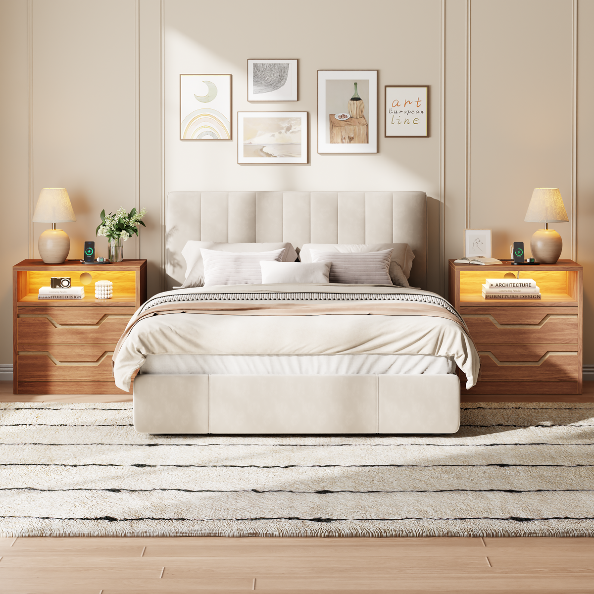 Satifur Charging Nightstand with Power Strip, Bedside Table with 2 Drawers & Open Shelf, Modern End Table with USB & Type-C Ports for Living Room, Cherry Wood